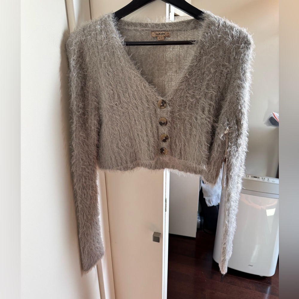 Harlow Silver Fuzzy Button-Up Cardigan medium, NWT